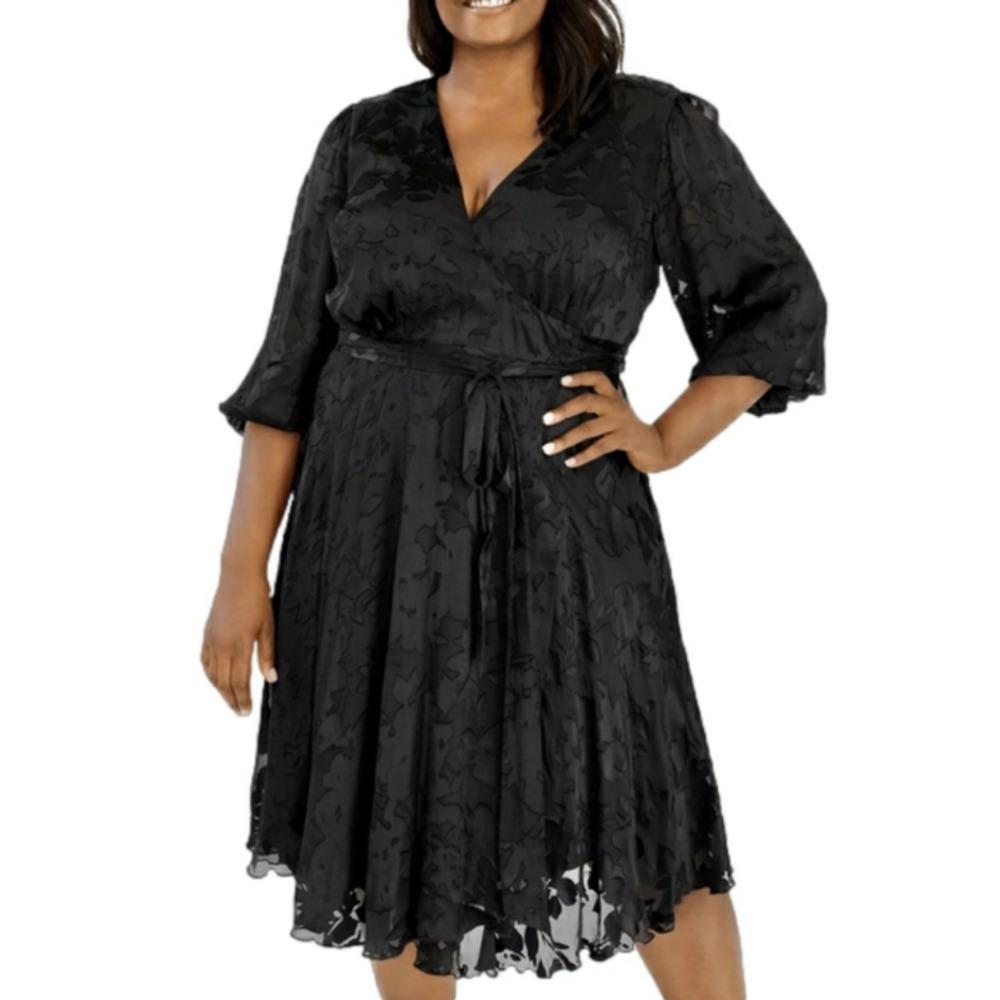 Maree Pour Toi Plus black Floral Burnout Party Wrap Dress size 16‎ new!!